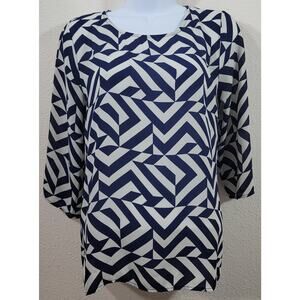 Whisper Blue White Geo Print Sheer Top Small Lightweight Round Neck 3/4 Sleeves